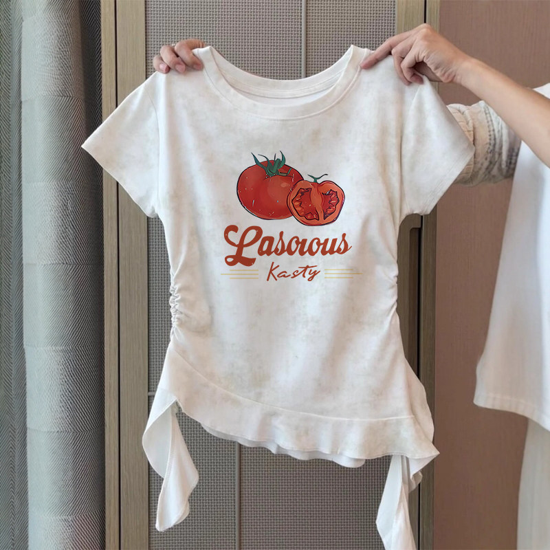 女装夏季设计感小众番茄印花正肩短袖t恤修身显瘦不露腰扎染上衣