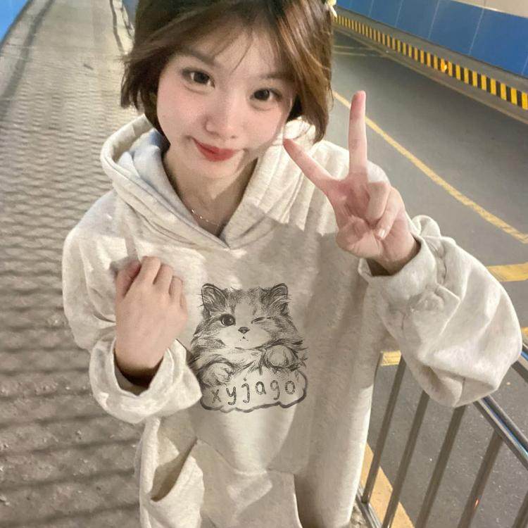 时尚chic宽松连帽卫衣女生流行小猫印花白灰色外套加绒加厚秋冬季