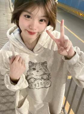 流行时尚连帽宽松加绒卫衣女秋冬