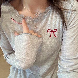 韩系绝美修身T恤打底衫女2025秋冬季新款小个子木耳花边长袖上衣