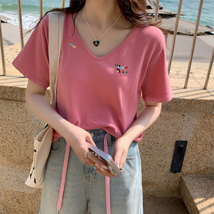多巴胺粉色棉v领短袖t恤女正肩夏季设计感小众宽松超好看上衣服潮
