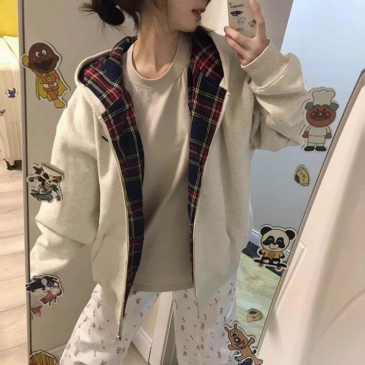 学院风拼接格子连帽卫衣加绒加厚女秋冬宽松学生拉链开衫上衣外套