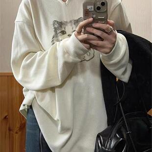 秋冬小猫印花打底衫时髦宽松显瘦v领中长款长袖t恤上衣女款学院风