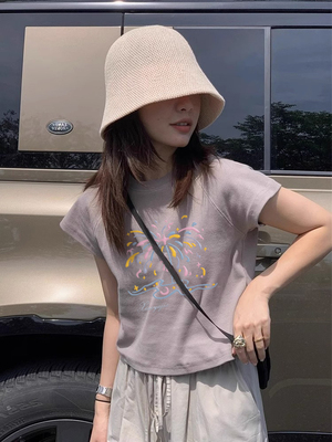 正肩短款修身棉短袖女夏季日系