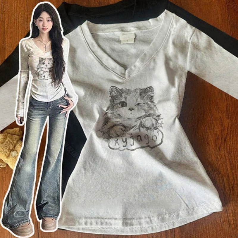韩系V领德绒打底衫秋冬款内搭猫咪印花t恤女正肩长袖显瘦修身上衣