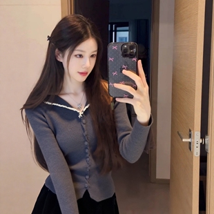 秋冬季翻领毛衣针织打底纽扣开衫女内搭修身显瘦长袖收腰上衣短款