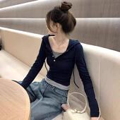 显瘦独特超好看上衣 设计感小众修身 假两件连帽长袖 t恤女生初秋季