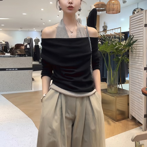 长袖针织衫女秋季假两件挂脖韩系