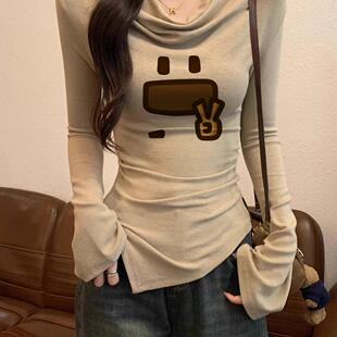 修身长袖t恤上衣女款2026秋冬新款超火美式辣妹荡领不规则打底衫