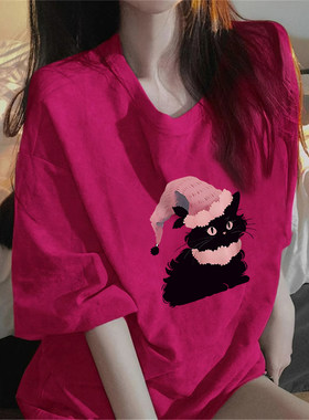 纯棉宽松短袖t恤女款夏季玫红色