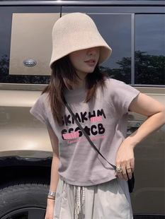 正肩短袖t恤女生夏季紫色原宿风修身显瘦短款小上衣2026新款圆领