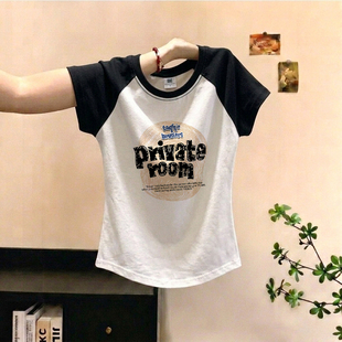 美式撞色插肩袖字母印花正肩短袖T恤女夏季修身显瘦短款体恤上衣