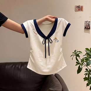 温柔风蝴蝶结系带V领短袖T恤女夏季修身显瘦甜辣妹体恤短款上衣潮