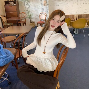 加绒白色圆领蕾丝花边下摆打底衫女内搭秋冬加厚正肩长袖上衣保暖