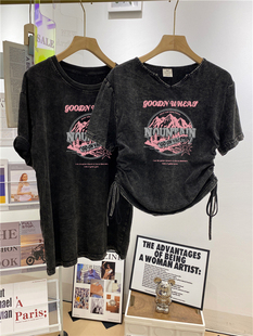 甜辣妹做旧水洗短袖t恤女夏季宽松体恤短款抽绳韩系chic别致上衣