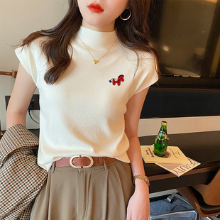 半高领短袖t恤女夏季内搭针织打底衫内搭外穿修身正肩中领上衣服