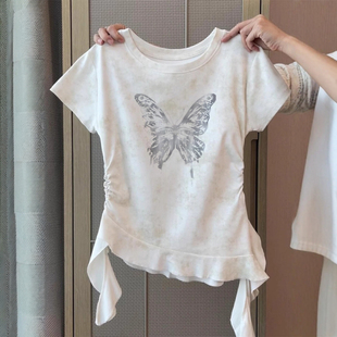 夏季2026新款高级感蝴蝶印花扎染短袖t恤美式甜辣妹不规则上衣女