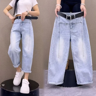 拼接高腰显瘦百搭九分哈伦老爹裤 新款 潮 女浅色2025春季 牛仔弯刀裤
