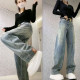 高个子直筒休闲长裤 浅色拼接弯刀牛仔裤 女2025秋冬高腰显瘦阔腿裤