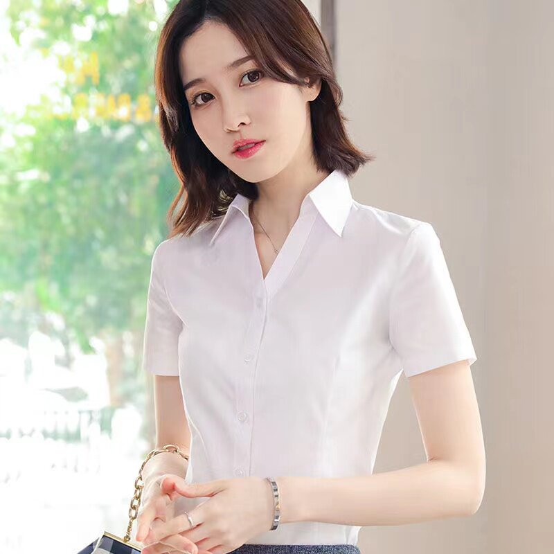 白衬衫女短袖夏装新款气质V领衬衫工作服通勤职业装工装衬衣百搭