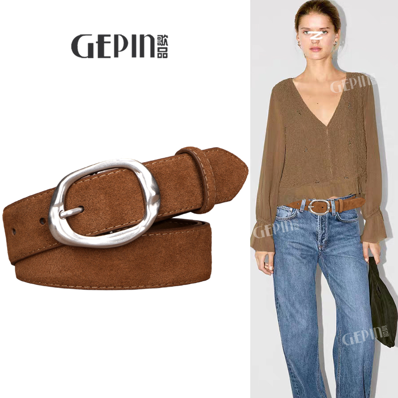 棕色真皮宽腰带女装饰配牛仔裤