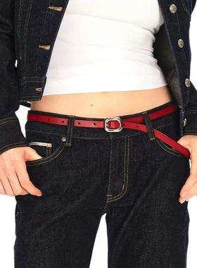 牛皮银色金属扣头精细封边真皮皮带女腰带红色小众设计简约高级感