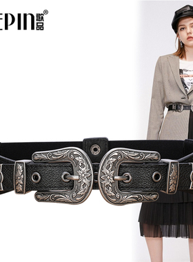 双扣黑色腰带女松紧弹力装饰连衣裙时尚百搭配裙子束腰宽腰封外搭