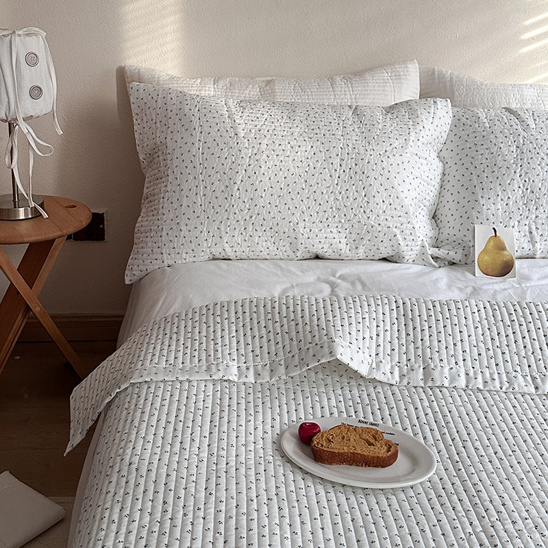 花田小汐 霜糖 全棉绗缝夹棉床盖三件套韩式碎花四季通用纯棉床单