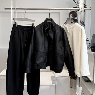 加绒皮衣外套潮牌潮流立领宽松休闲痞帅复古情侣款 上衣 男装