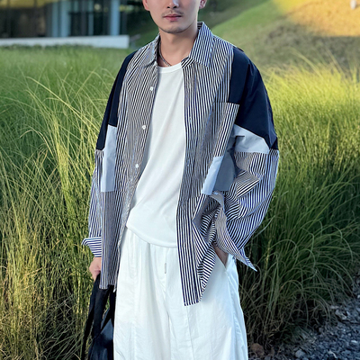 长袖衬衫2025夏季新款潮牌时尚宽松简约百搭拼接撞色男装上衣