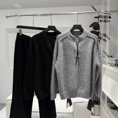 圆领半开襟毛衣2025新款时尚宽松休闲慵懒风半拉链男款针织上衣