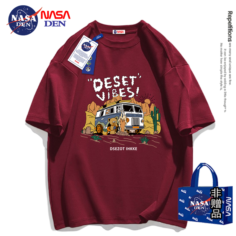 NASA联名卡通圆领纯棉上衣女夏装新款2023打底潮牌短袖t恤情侣装