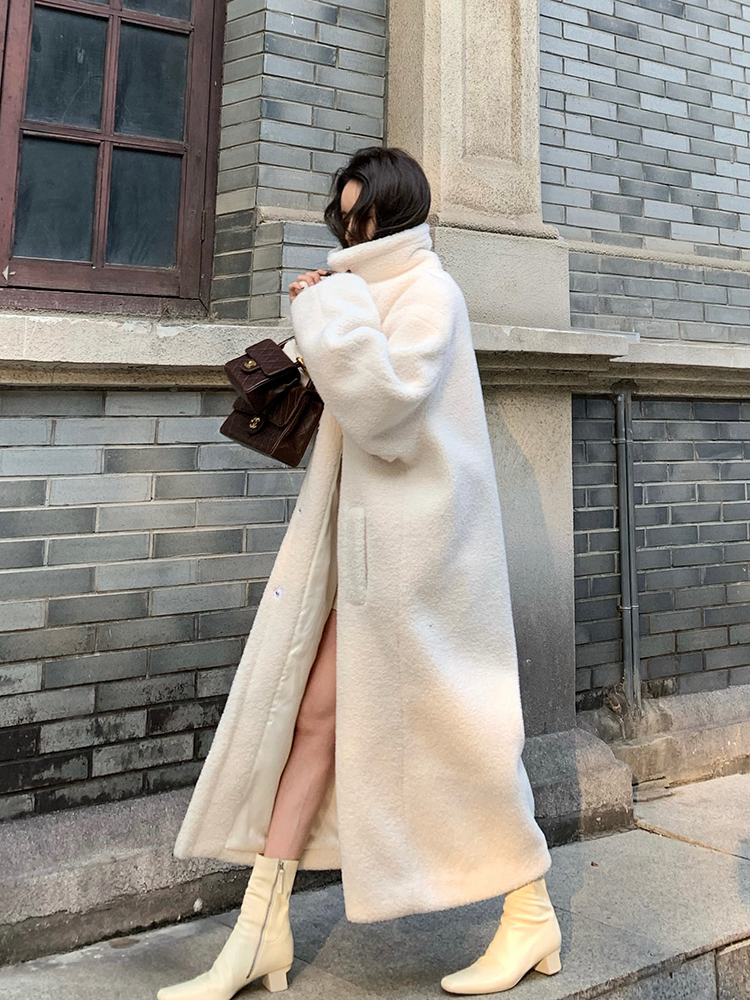 SMOL 白色大衣女冬季新款韩系高级感气质加厚环保皮草长款毛外套
