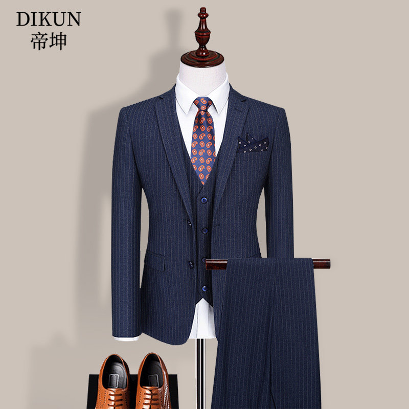 速发条纹套男装韩版商务休闲西服套装三件套青年正装职业宴会礼服