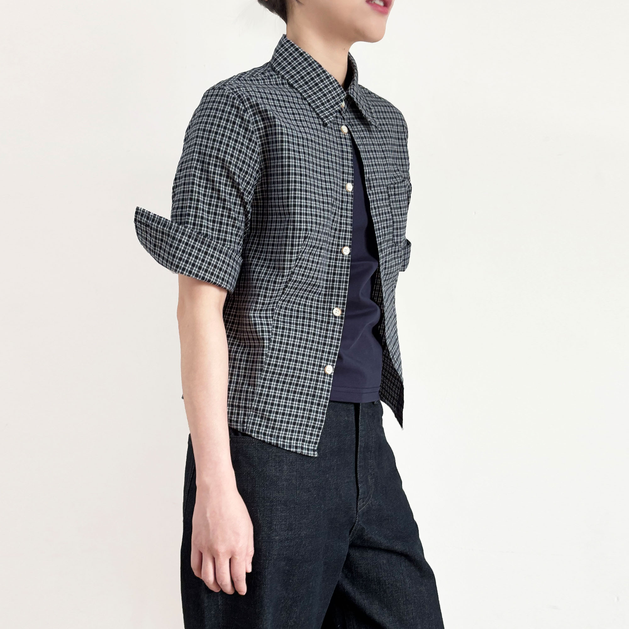 美式复古正肩短袖格纹衬衫女