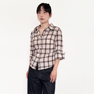 剪裁百搭修身 海盐苏打 女短款 衬衫 显瘦上衣 掐腰复古格子正肩短袖