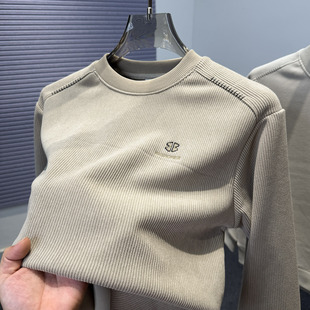 奥利绒拼接刺绣卫衣男圆领加绒加厚秋冬季男款时尚青年休闲上衣服