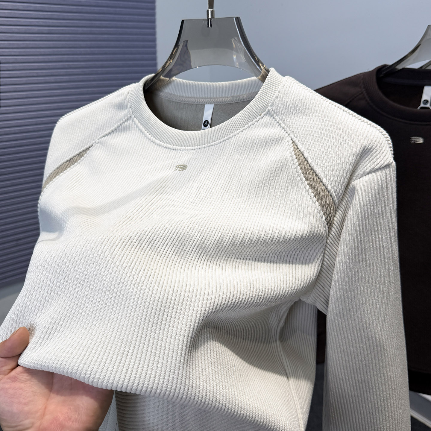 奥利绒圆领拼接运动休闲卫衣男加绒加厚秋冬男装纯色保暖上衣外套