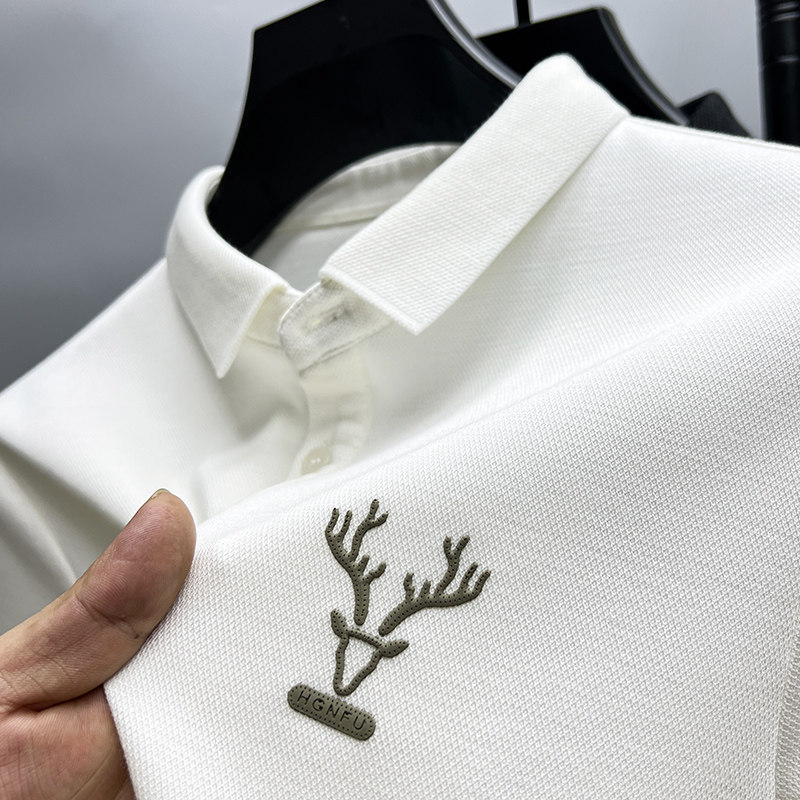 鹿角翻领长袖t恤潮牌男装春秋季韩版修身带领polo体桖衫白色打底