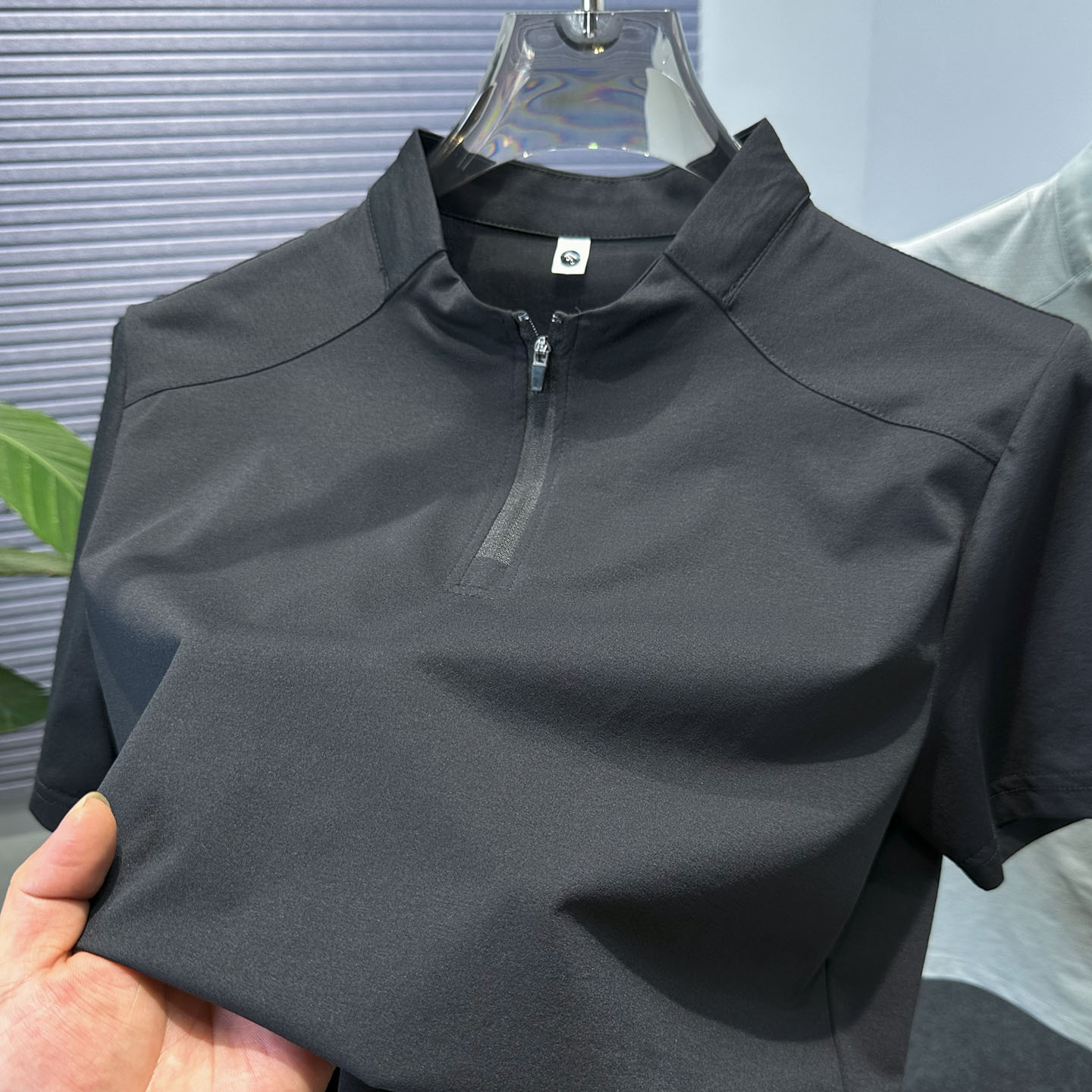 拼接半拉链亨利领短袖t恤男2025新款宽松纯色运动休闲半袖上衣服