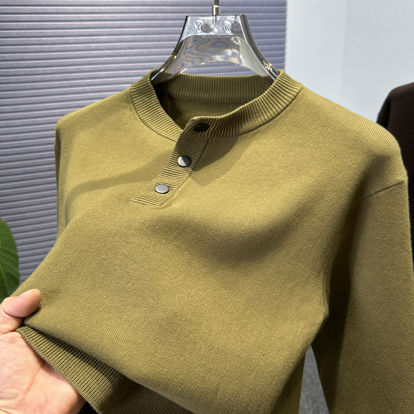 纯棉亨利领毛衣男圆领针织衫