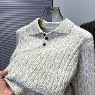 麻花翻领毛衣男款秋冬季加厚青年男装休闲polo领针织衫套头粗线衣