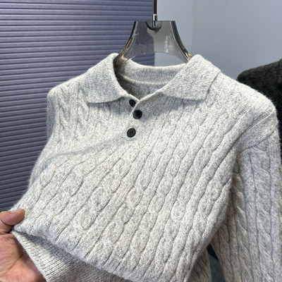 麻花翻领毛衣男款冬季加厚针织衫