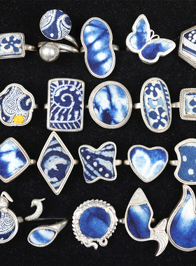 春风屿民族风苗银蓝染蜡染戒指时尚百搭植物蓝色系手工指环饰品27