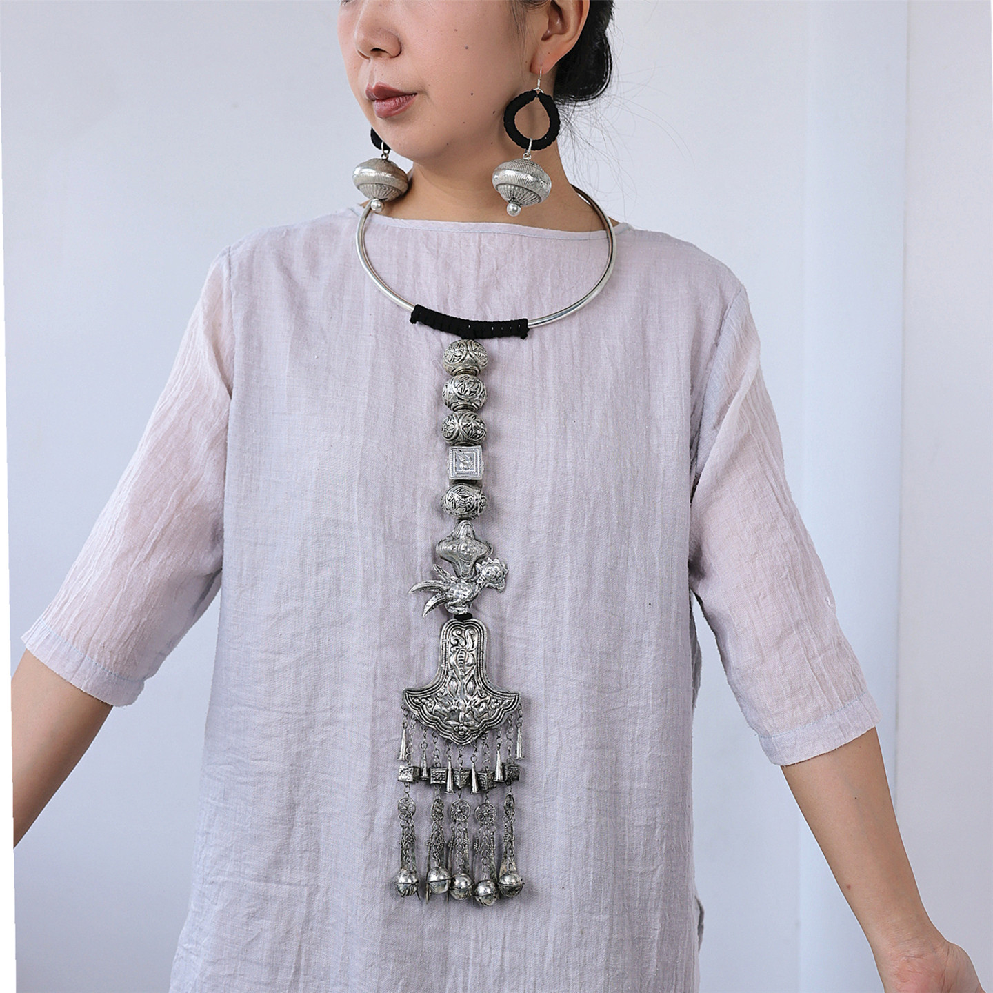 原创设计复古民族风苗银项圈女长款流苏吊坠编织绳链个性挂饰品27