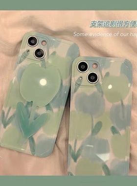 ins风油画绿色郁金香带支架小胖妹适用oppo find x9/findx8/x7/x6pro/x5手机壳k12s女全包个性硅胶防摔K9创意