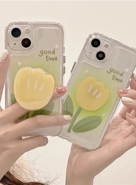 黄色郁金香花朵带支架适用oppo reno14/reno 13/12pro/10/9/11/7se手机壳透明reno5/6可爱全包防摔个性4se女