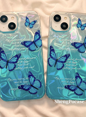韩系英文蓝色蝴蝶适用荣耀Magic 8/荣耀400/300/200pro手机壳x70i新款play9T畅玩60plus绸缎magic7女x50/x60i