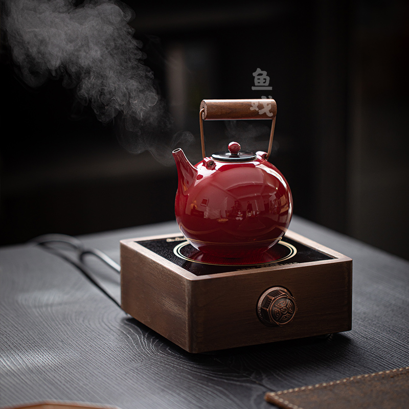 鱼戏中国红陶瓷提梁壶故宫红家用泡茶壶煮茶壶酒精温茶炉风炉套装