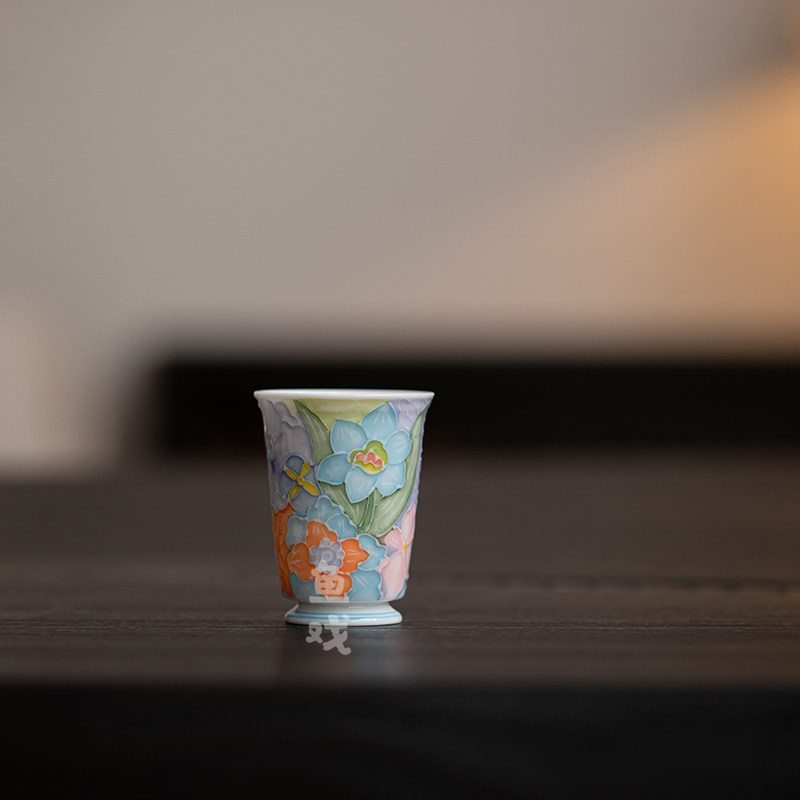 鱼戏手绘浮雕万花有田烧陶瓷茶杯女士专用主人杯闻香杯家用品茗杯